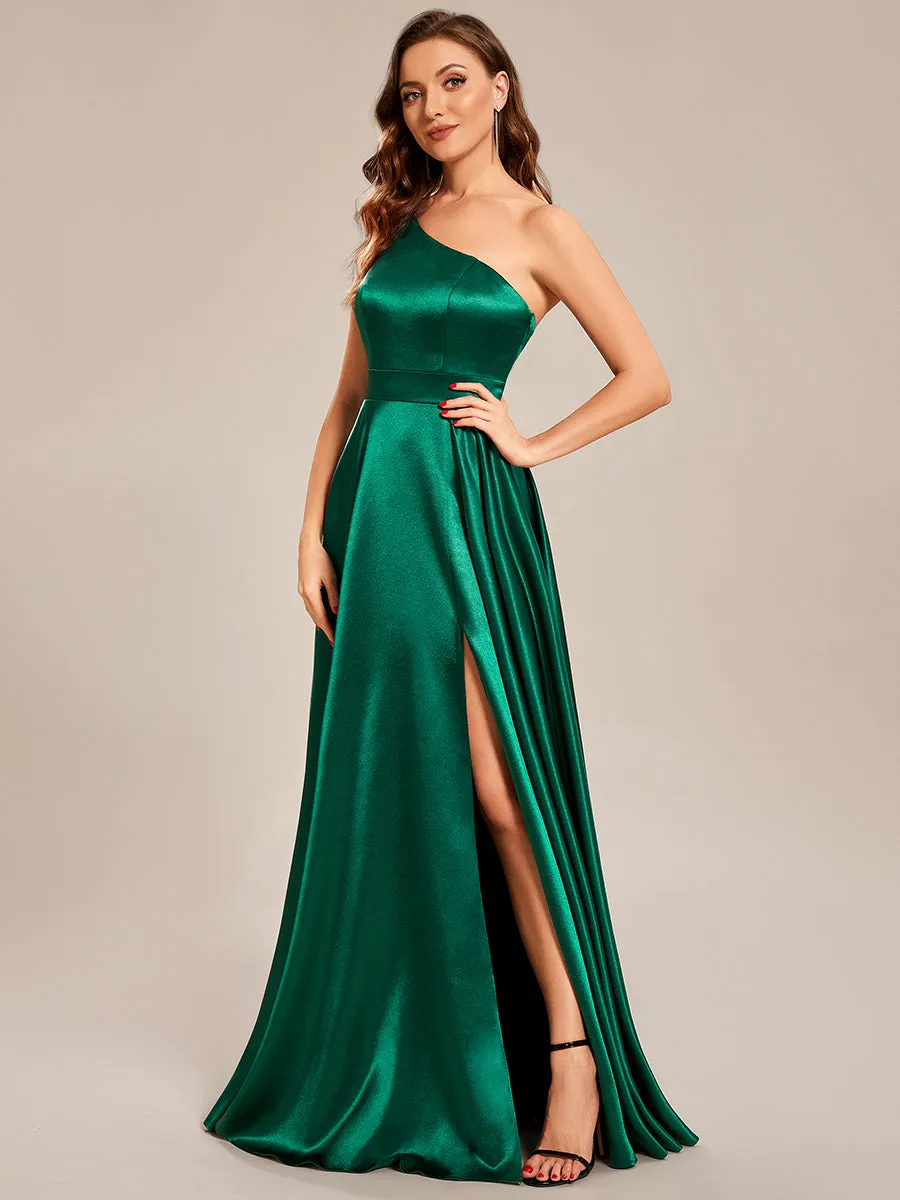 One Shoulder A-Line Floor Length Sleeveless Fit Satin Custom Evening Dress