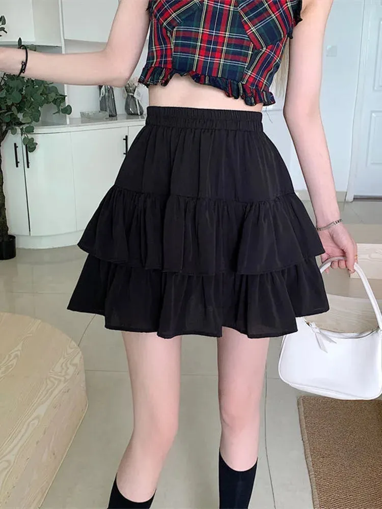 Pleated A-line Ruffles Sweet Hottie Preppy Skirt with Elastic Waist