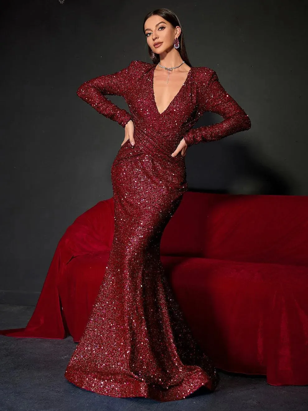 Plunging Neck Long Sleeve Sequin Mermaid Dresses