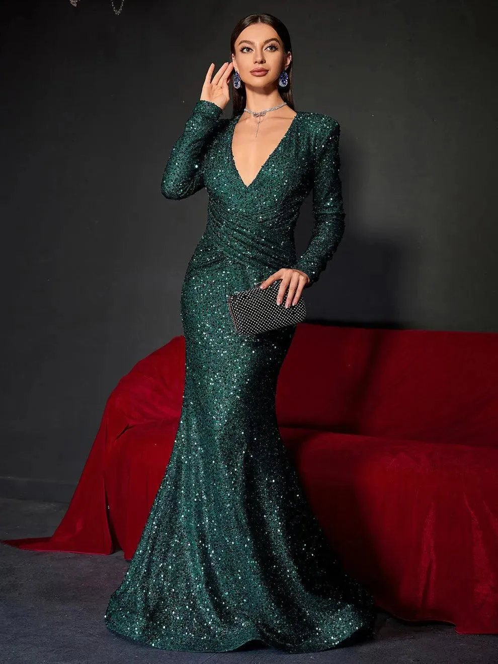 Plunging Neck Long Sleeve Sequin Mermaid Dresses