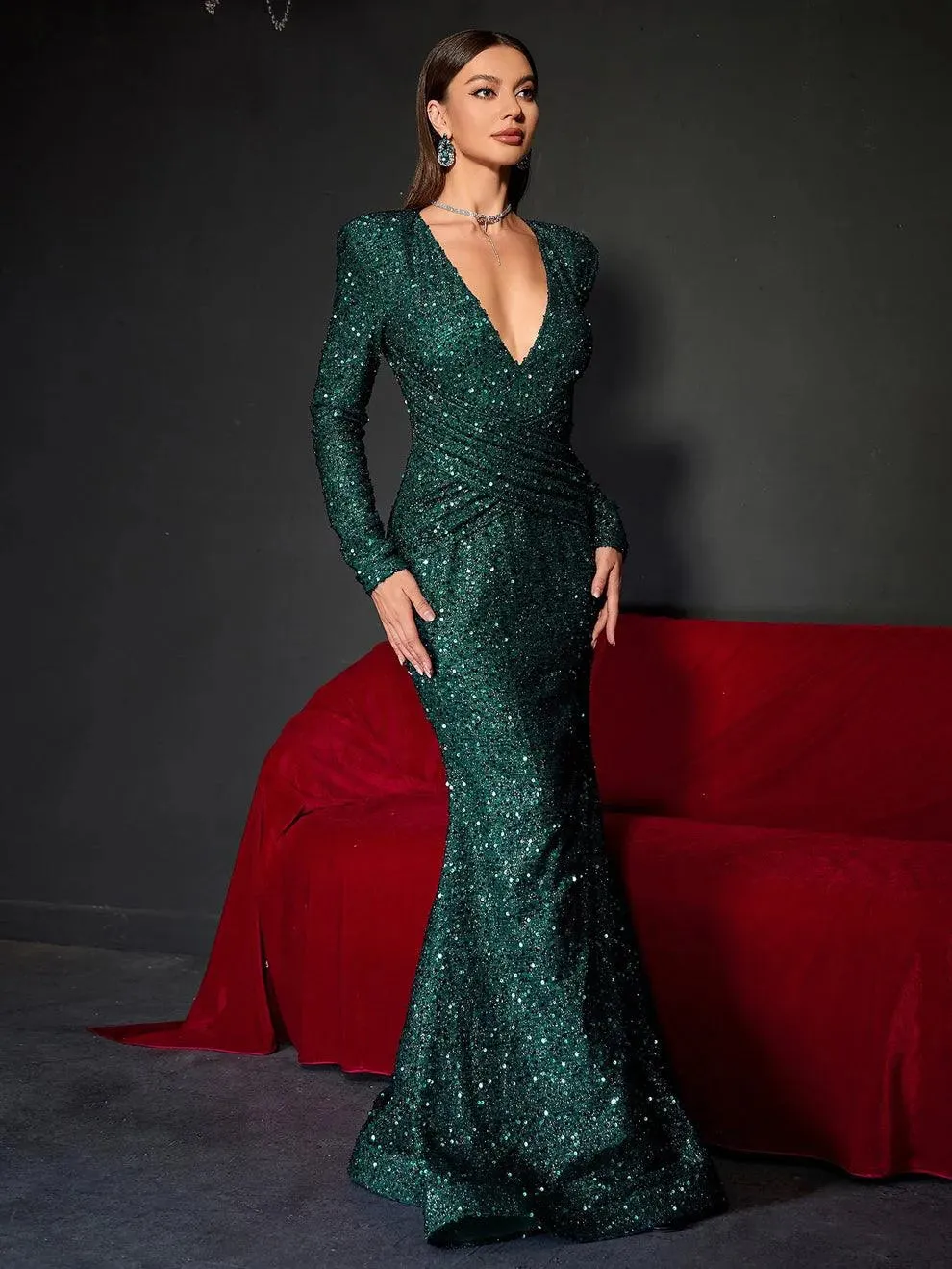 Plunging Neck Long Sleeve Sequin Mermaid Dresses