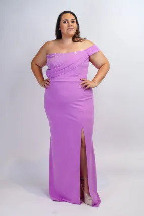 Plus Lavender One Shoulder Drape with Rhinestone Gown