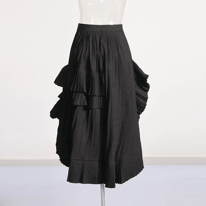 Pre Order:  Solid Pleated Ruffled Edge High Waist Skirt