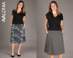 Reversible Midi Skirt Black Floral Polka Print with Pockets