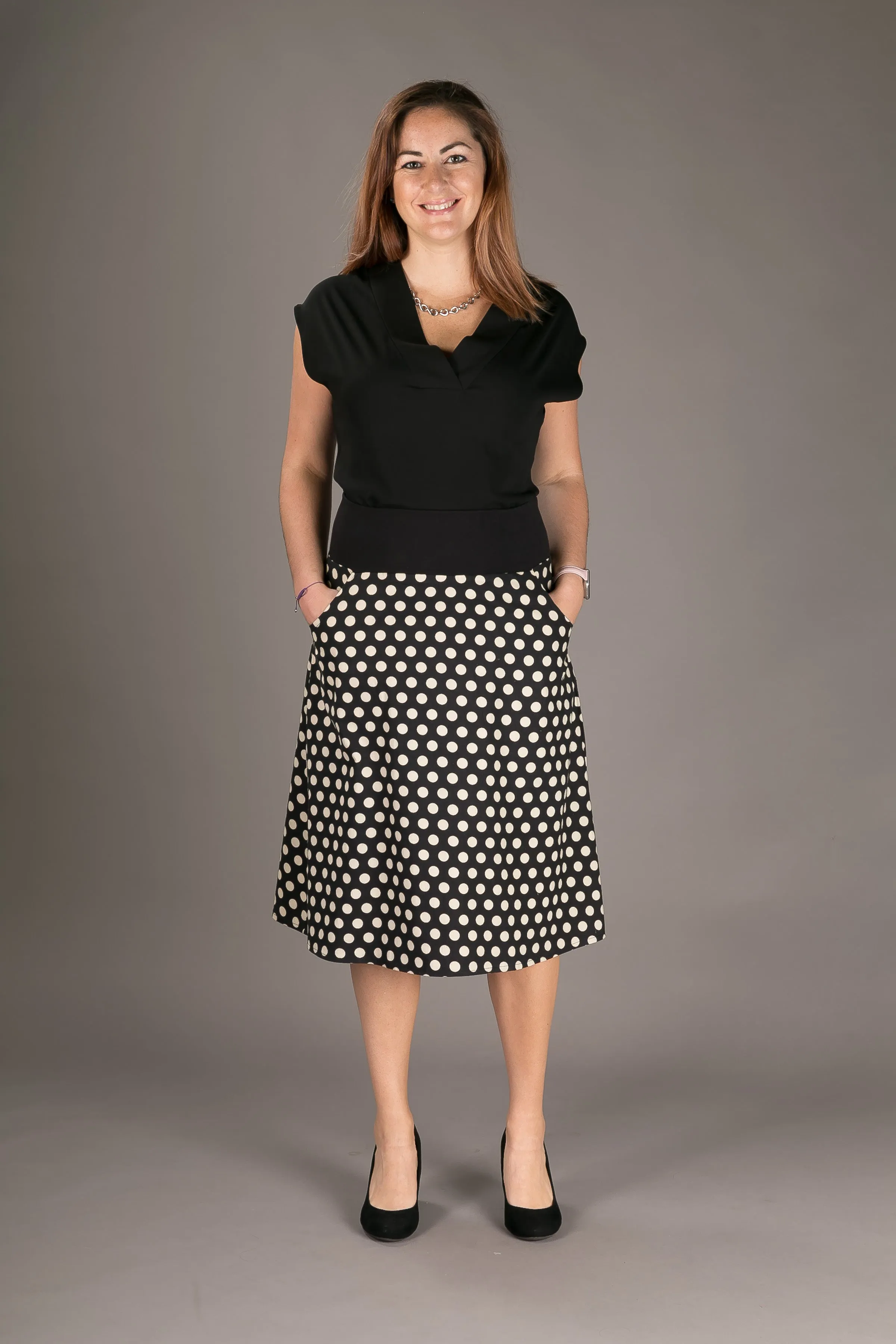 Reversible Midi Skirt Black Floral Polka Print with Pockets