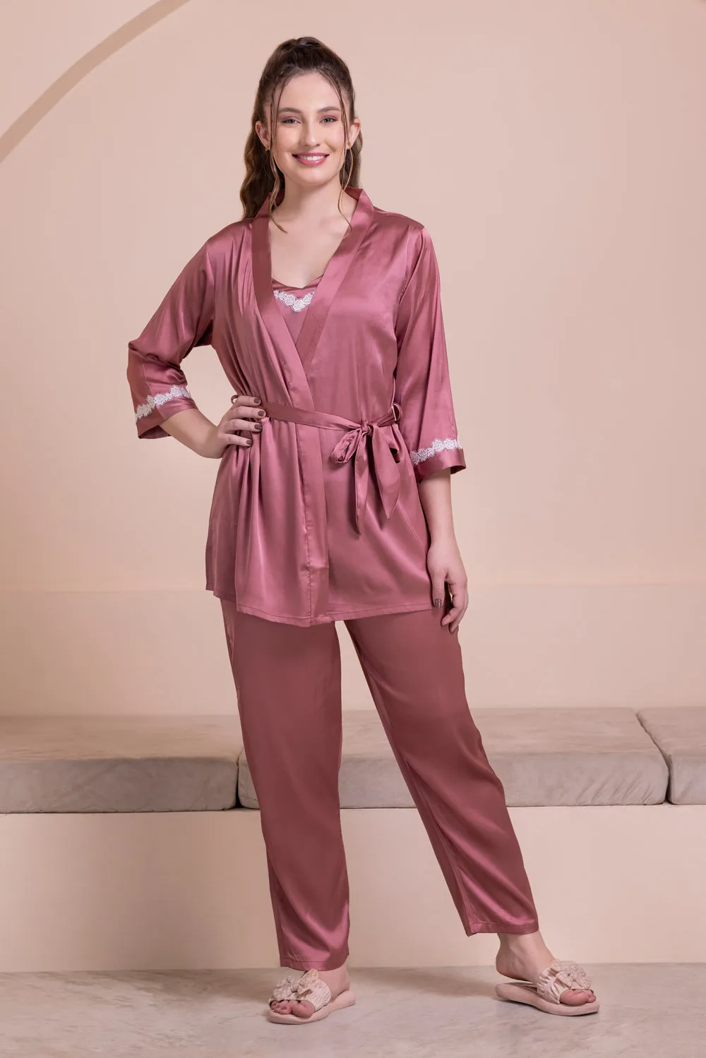 Rose Satin Pj set with intricate lace