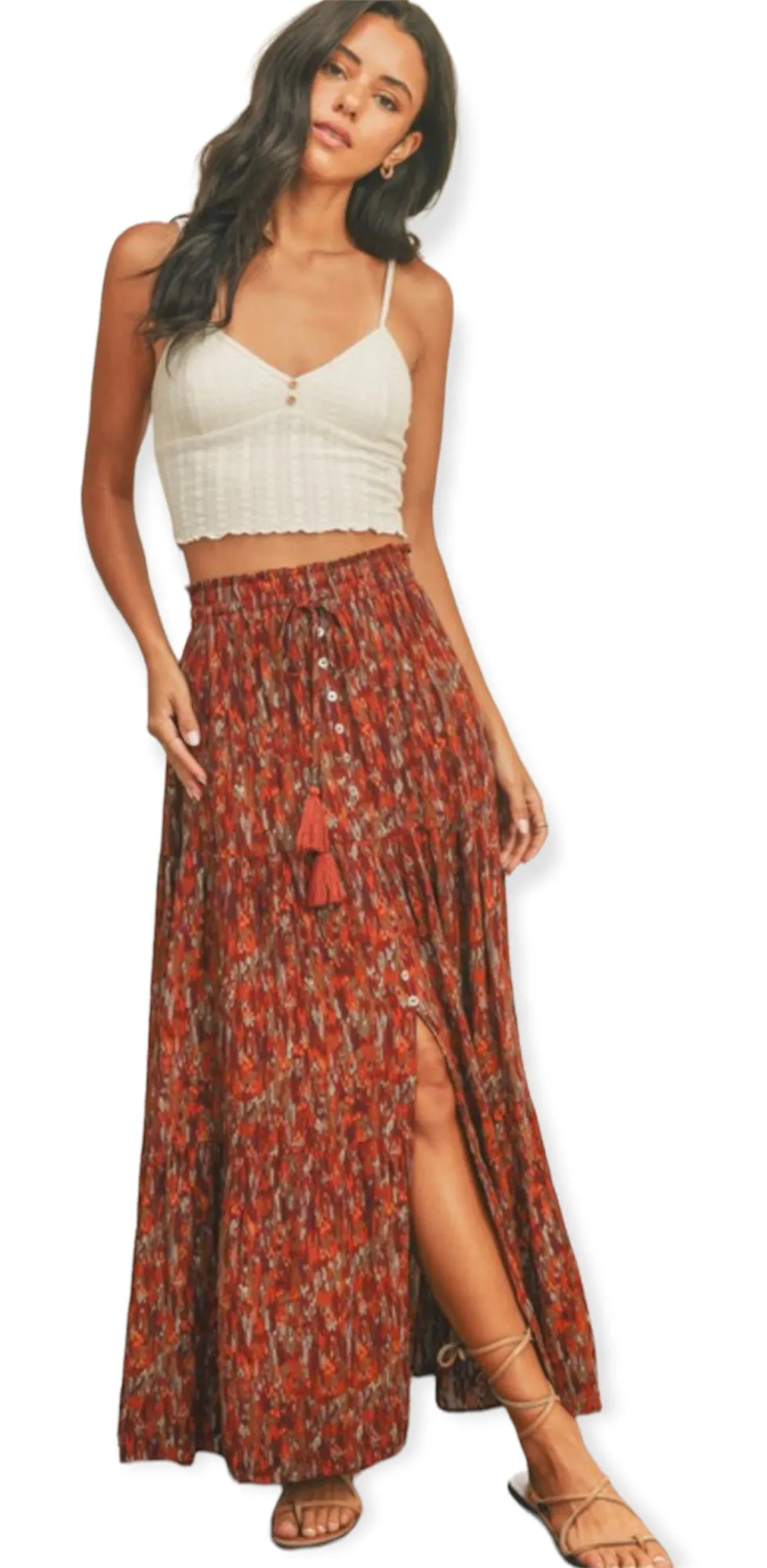 Rust/Olive Ethnic Print Maxi Skirt