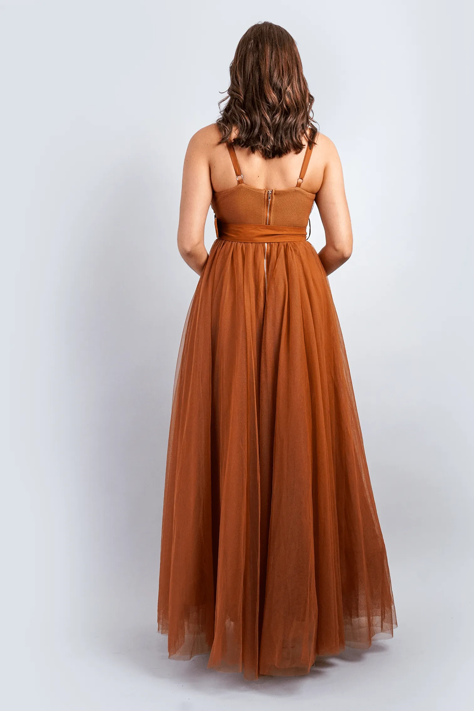 Toffee Tulle Sweetheart Strap Belted Gown