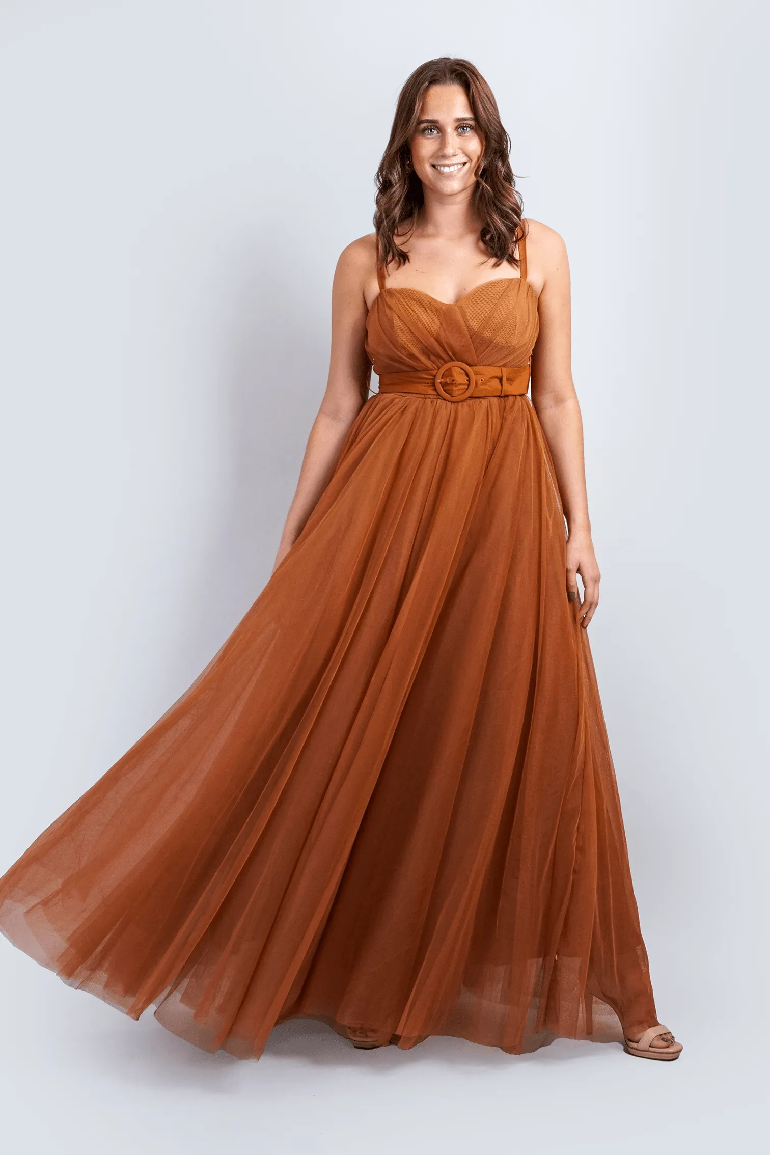 Toffee Tulle Sweetheart Strap Belted Gown