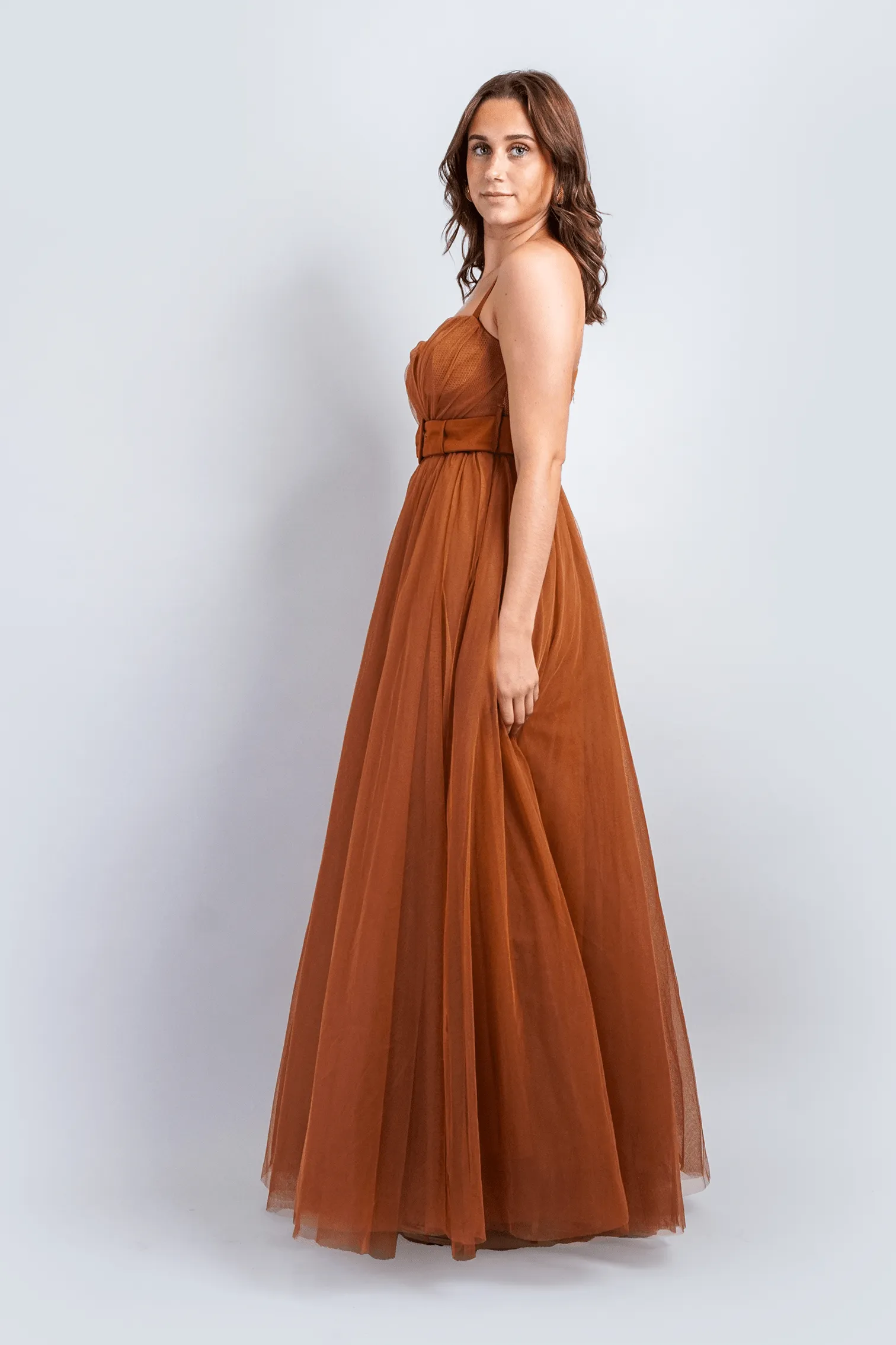 Toffee Tulle Sweetheart Strap Belted Gown