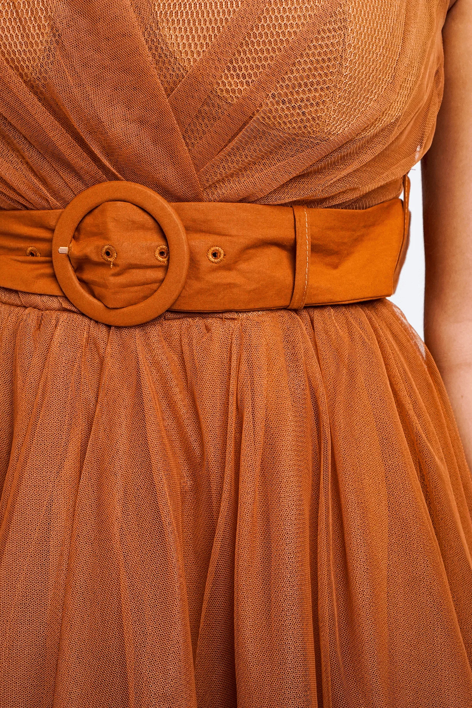 Toffee Tulle Sweetheart Strap Belted Gown