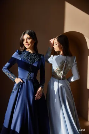 Winter Wedding Guest Dress in Navy Blue with Sleeves