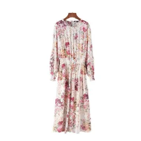 women sweet floral chiffon dress two pieces set elastic waist long sleeve ladies casual mid calf dresses vestidos QZ3049 (US 6-16)