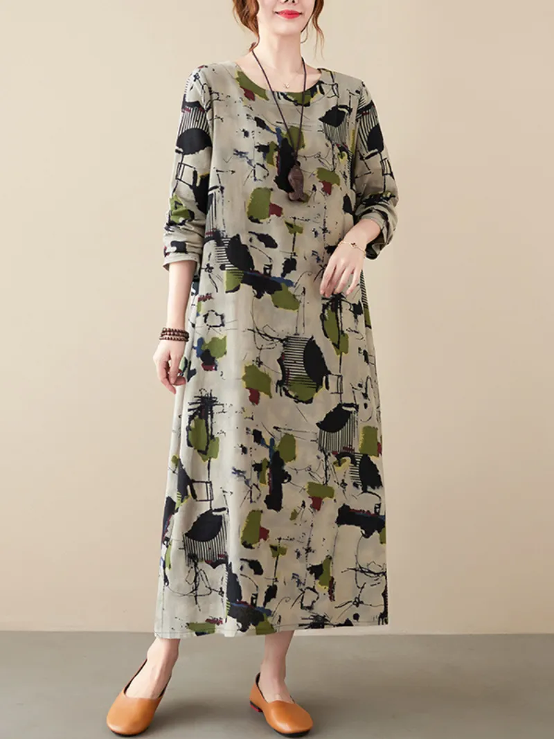 women's cotton and long-sleeved pring and summer with broken flowers A-line dress