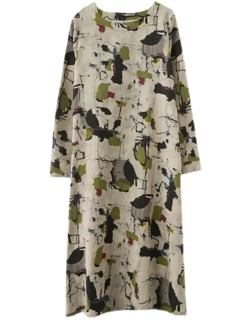 women's cotton and long-sleeved pring and summer with broken flowers A-line dress