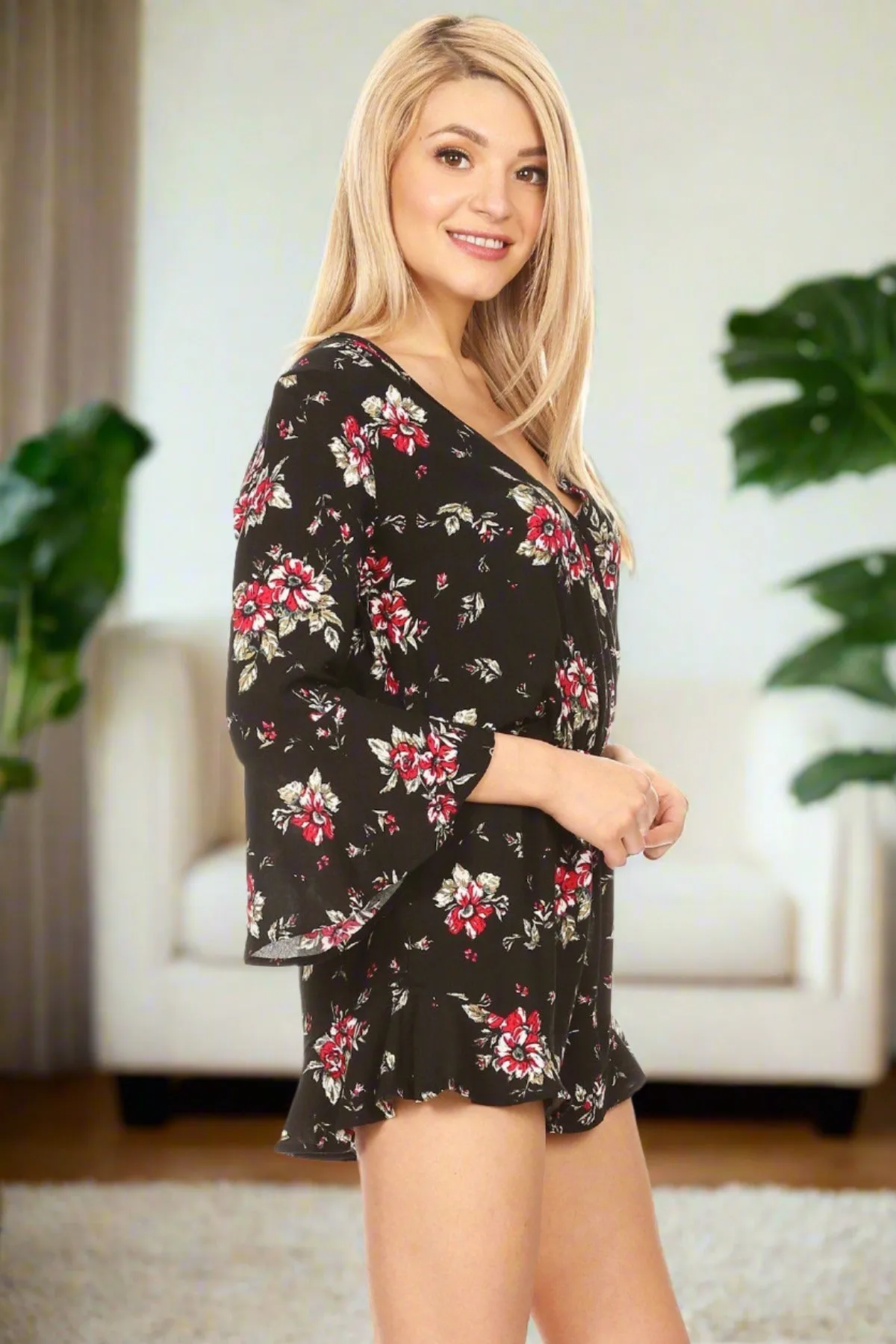 Womens Floral Shorts Romper, Bell Sleeve Summer Jumpsuit, Sizes S/M/L, Black/Red